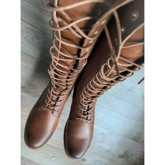 Frye Veronica Tall Lace Up Boots Womens 9.5 B Cognac Brown Knee High Combat - Picture 3 of 10